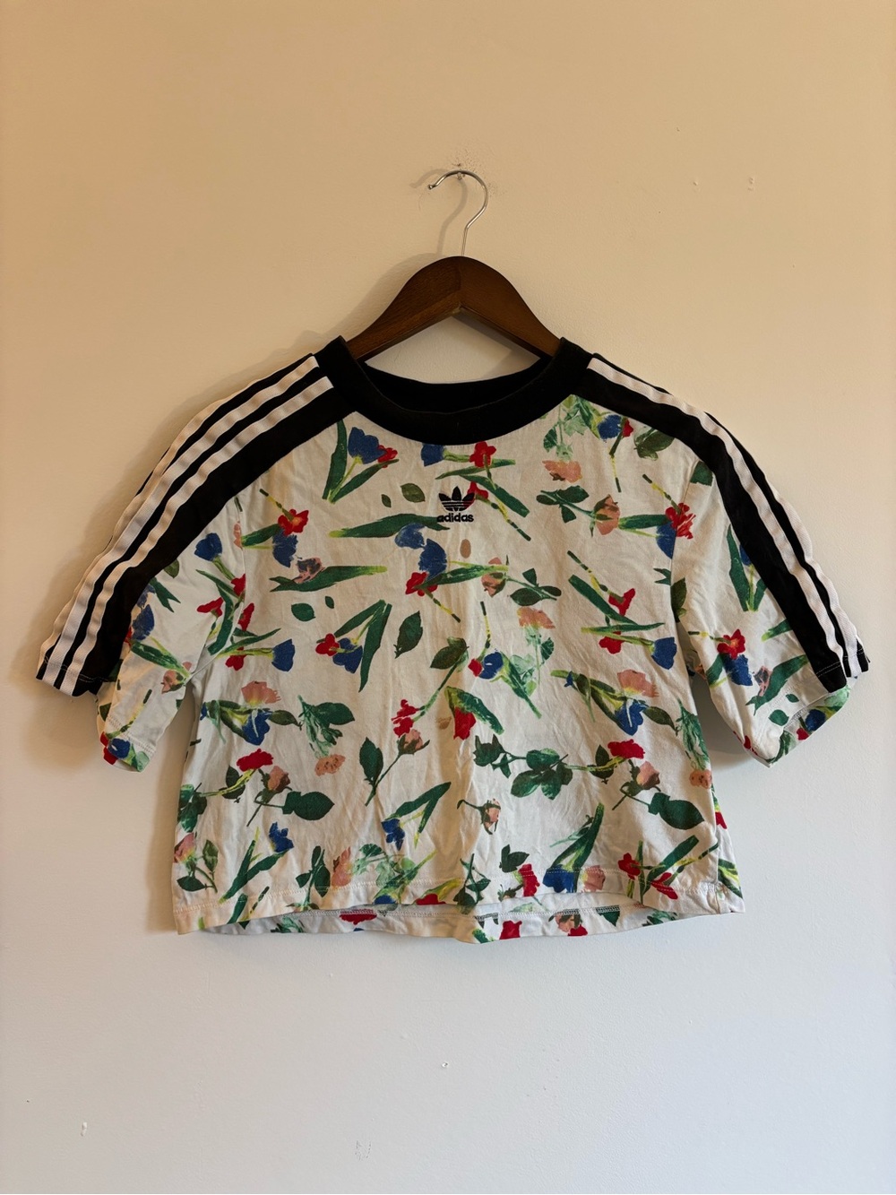 adidas White Floral Crop Tee with Black Stripes